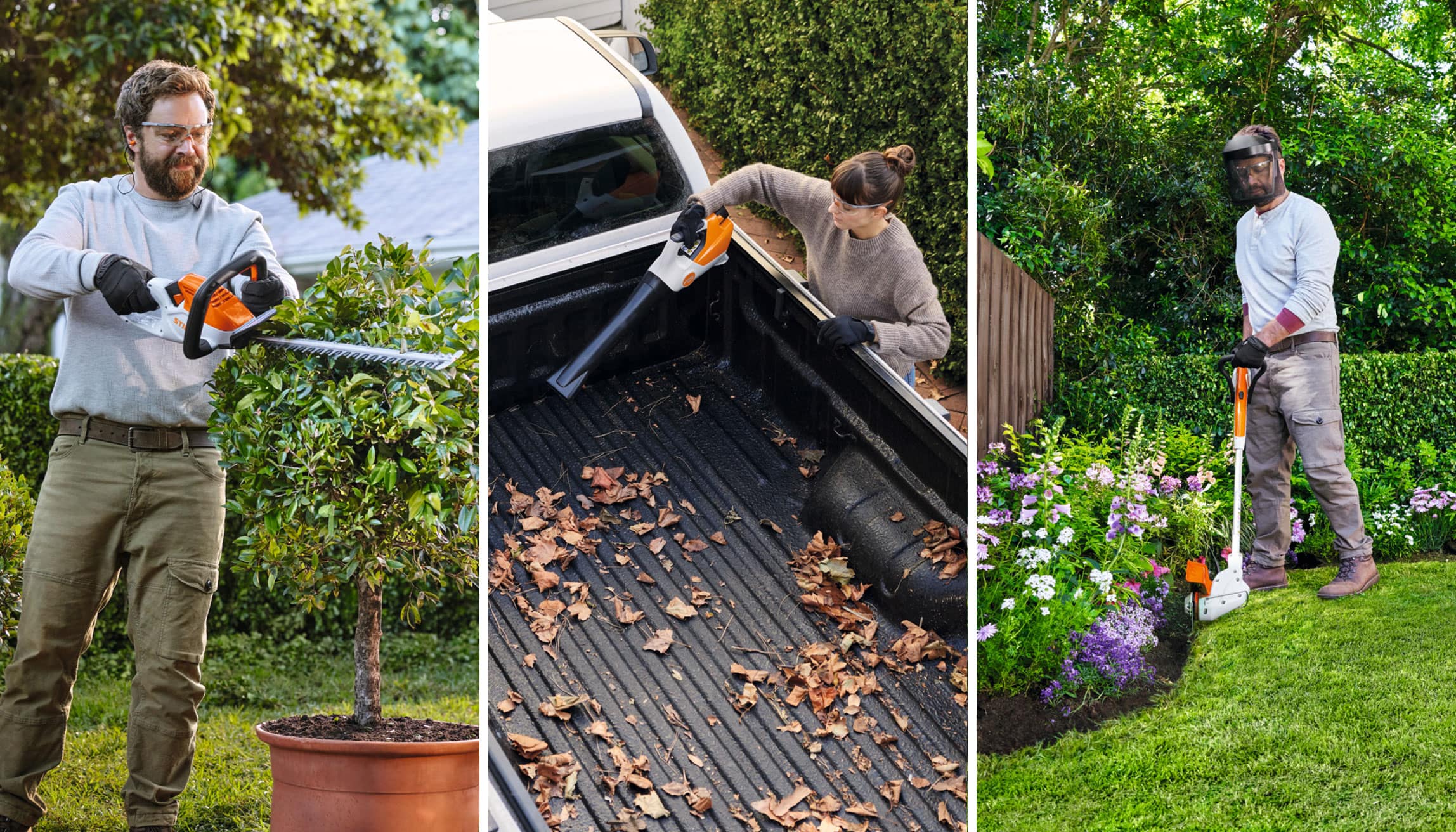 STIHL AS system power tools, HSA 40 battery hedge trimmer, SEA 20 battery handheld vacuum, FSA 30 battery brushcutter