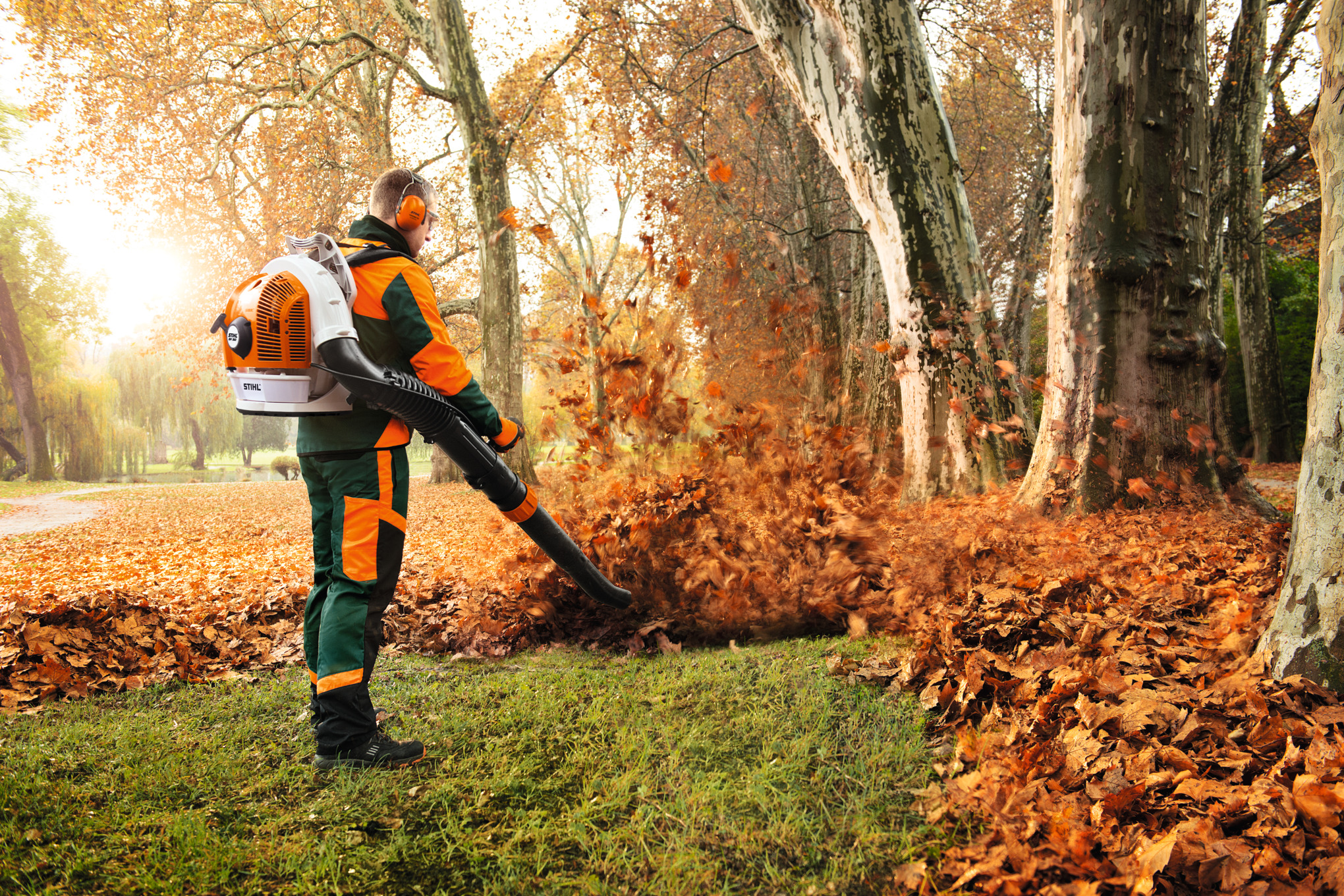 A woman sweeps leaves in a garden beside a metal wheelbarrow.